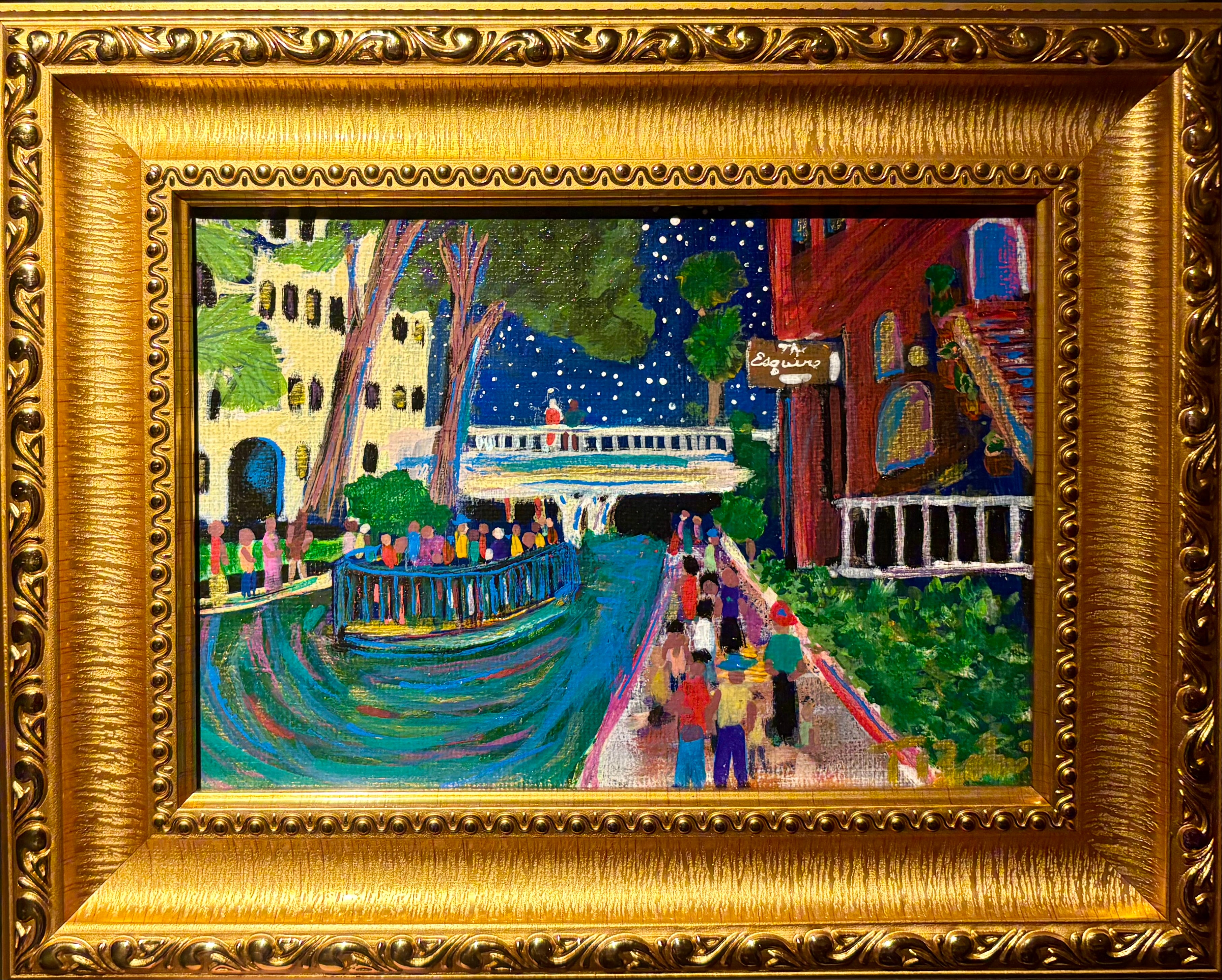 “Esquire on The Riverwalk” 5”x7” Original Acrylic on Canvas Painting by Taylor Etienne Bohné