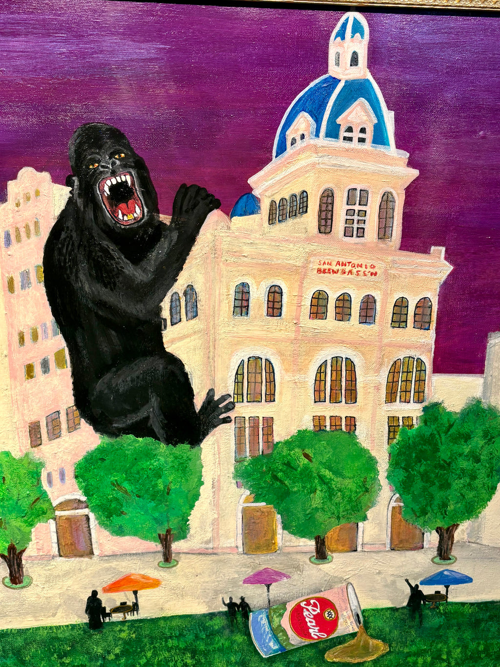 “Happy Hour With King Kong at the Pearl Brewery” 24”x36” Original Painting in Ornate Frame