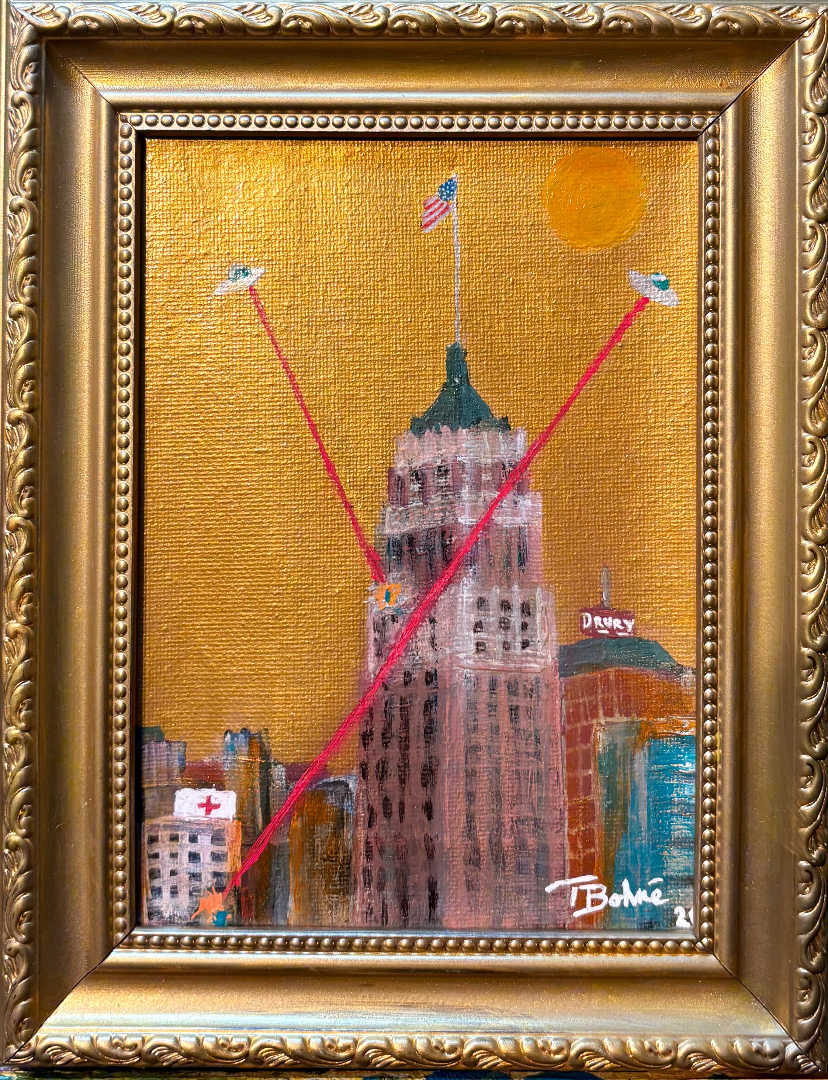 “Tower of Life in Other Planets” 5”x7” Original Acrylic Painting in Frame by San Antonio Artist Taylor Etienne Bohné
