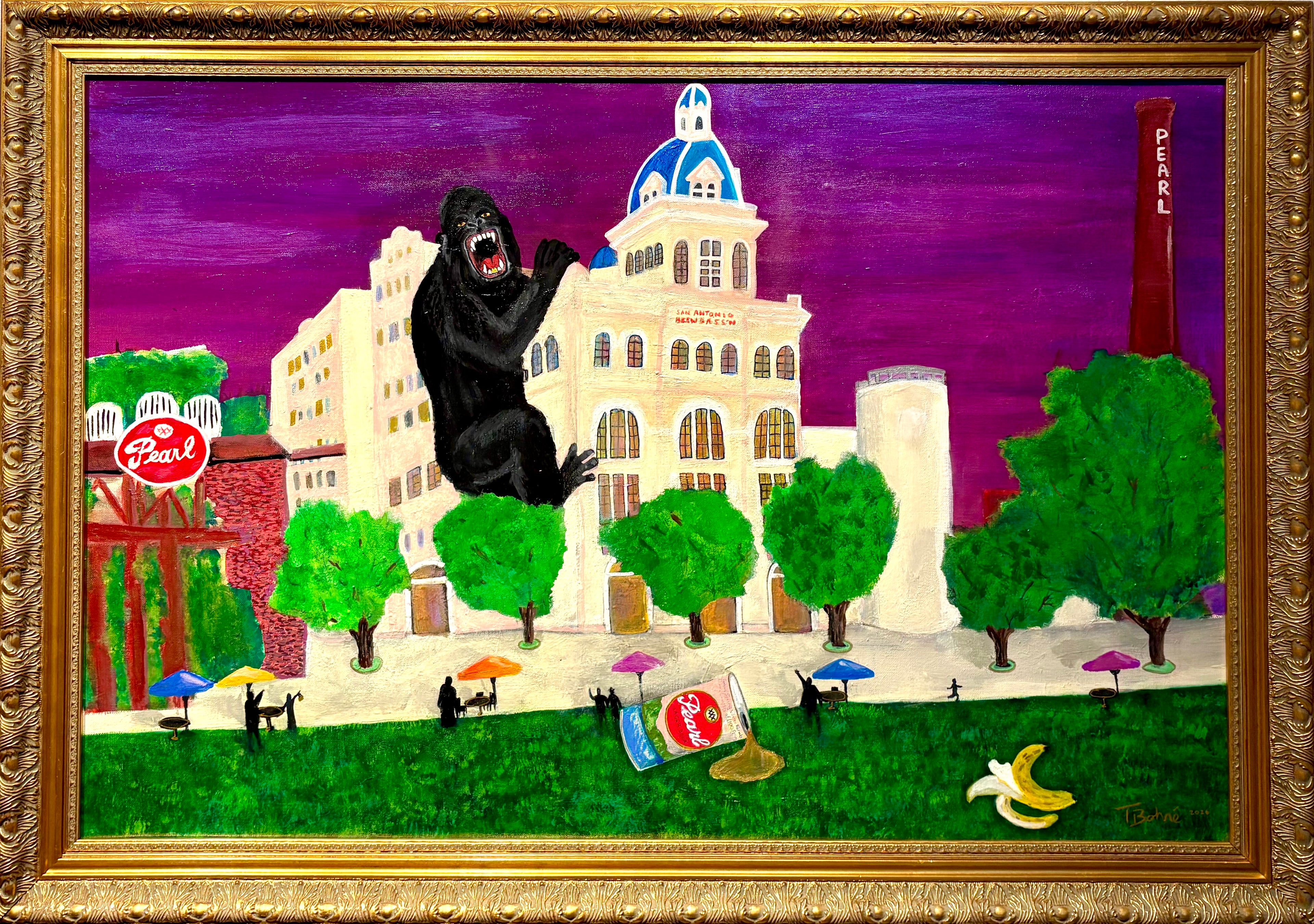 “Happy Hour With King Kong at the Pearl Brewery” 24”x36” Original Painting in Ornate Frame